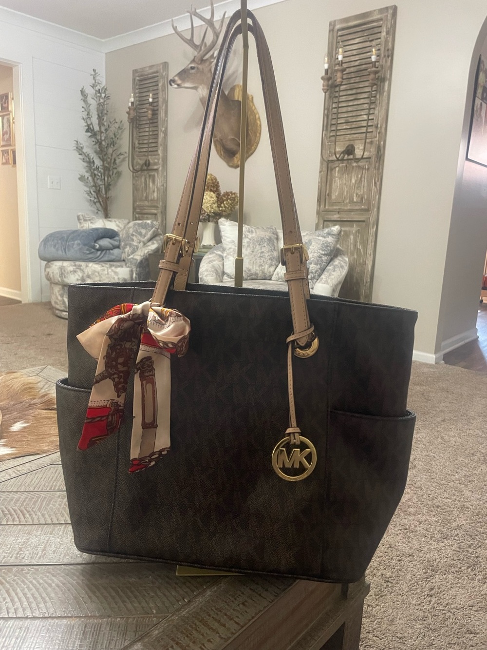 Michael Kors Brown Signature Jet Set Tote Bag with Scarf Accent